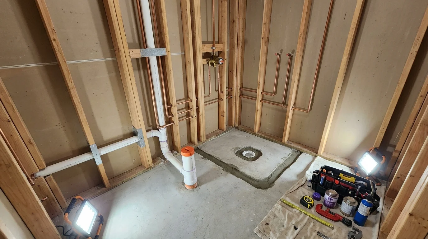 Bathroom rough-in plumbing during remodel by Johns Plumbing LLC in Sacaton