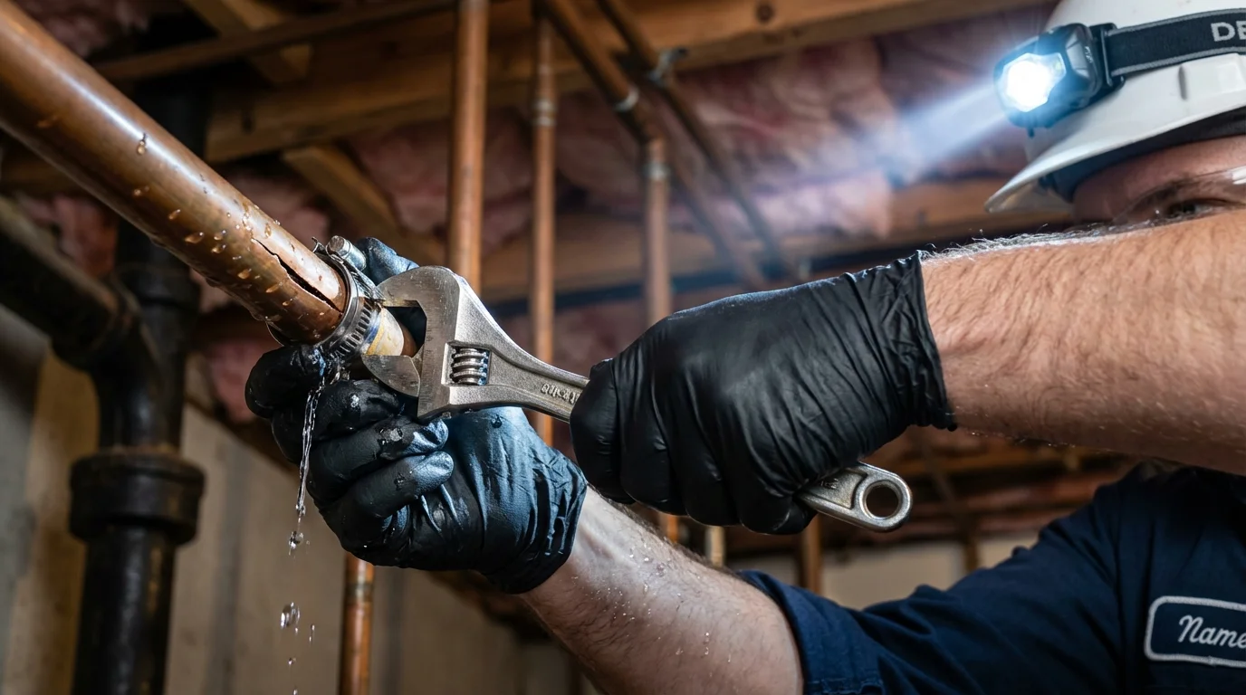 Emergency pipe clamp repair being performed by a Johns Plumbing LLC plumber in Sacaton