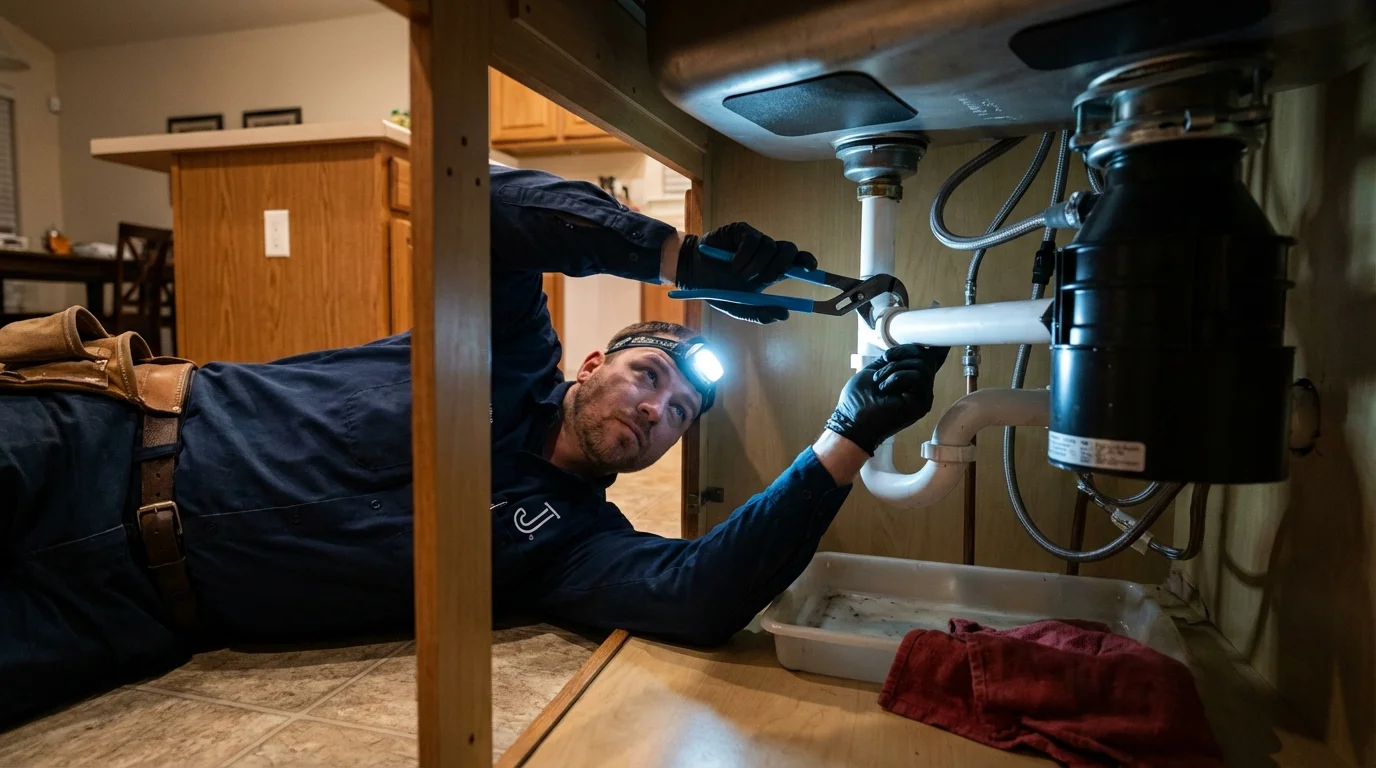P-trap and supply line connections under a kitchen sink showing a common leak point in Sacaton, AZ